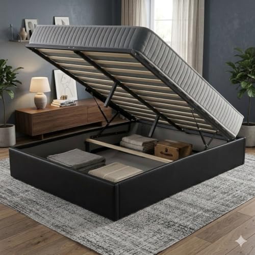 Ensemble Lit Coffre et Matelas 120x190 cm - Couleur : Noir - Sommier Relevable avec Grand Coffre de Rangement et Vérins Hydrauliques - Matelas Latex Soutien...