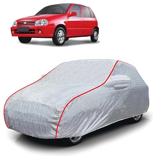 Image of Sulfar 100% Waterproof Car Body Cover Compatible with Mirror for Maruti Suzuki Zen (Triple Stitched, Full Bottom Elastic, Magic Silver with Red Piping)