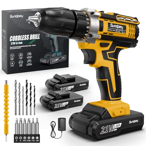 Sundpey Taladro Atornillador Bateria 21V - 45N.m Max Taladro Atornillador Electrico Inalámbrico con 2 Baterías de 2.0Ah, 18+1 Ajuste de Par, 2 Velocidad, Portabrocas de 10mm, LED para Hogar, Bricolaje