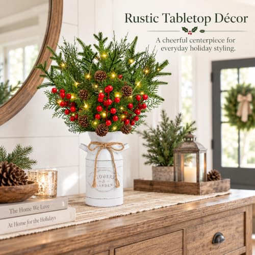 Image of Christmas Table Decor with Metal Pot, Winter Xmas Centerpieces for Tables