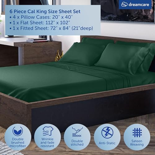 Image of DREAMCARE California King Sheet Sets - 6 pcs Breathable Cooling Sheets | up to 21 inch Extra Deep California King Sheets with Side Pockets -Extra Soft 100% Double Brushed Hotel Luxury Bedding EmrldGreen