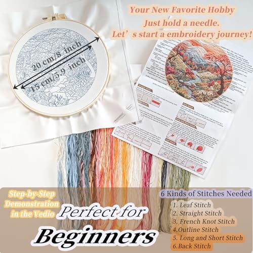 Image of FONNUY Embroidery Kit for Beginners, Boho Nature Landscape Pre-Stamped Pattern Kits for Adults with Hoop, Easy to Follow Color Thread Needlework, 8'' Hoop (Mountain Stream)