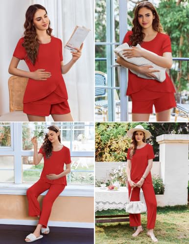 Image of Ekouaer 3 PCS Maternity Nursing Pajamas Set Postpartum Breastfeeding PJS | 3-Piece Set, Including Short Sleeve Shirts, Pregnancy Shorts & Pants, Buttery Soft, Skin-Friendly Feel