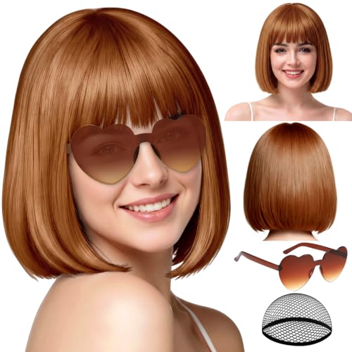 Image of PLULON Maroon Short Bob Wig with Bangs for Women, Colorful Neon Short Bob Synthetic Hair Wigs with Hair Cap Heart Sunglasses for Adults Men Daily Bachelorette Halloween Costume Party Supplies