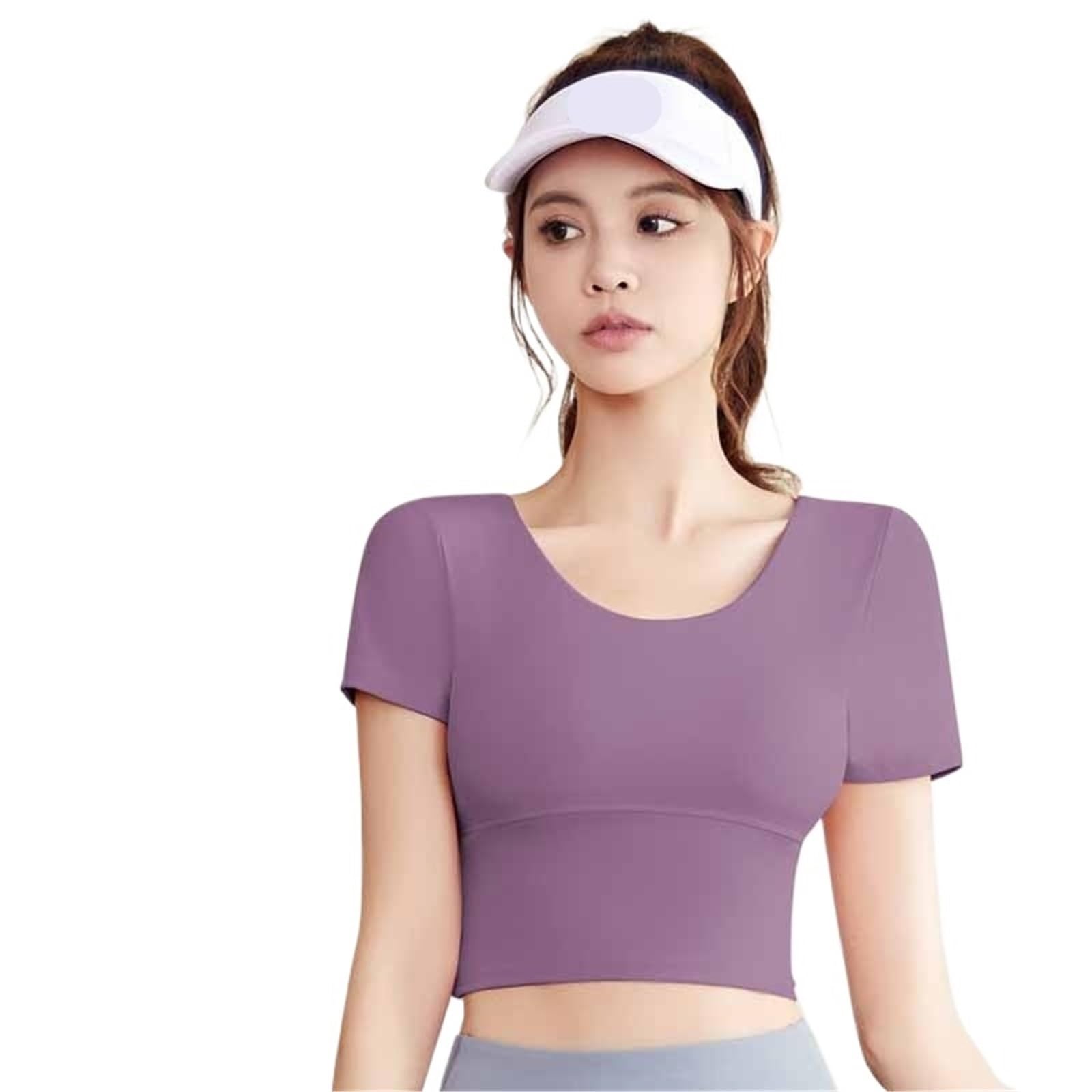 T-Shirts Et Tops De Sport Femme Chemises de Sport à Dos croisé for Femmes, col Rond, Manches Courtes, Hauts de Yoga, Fitness, vêtements d'entraînement, Dos Nu, Slim Fit(Purple,L)