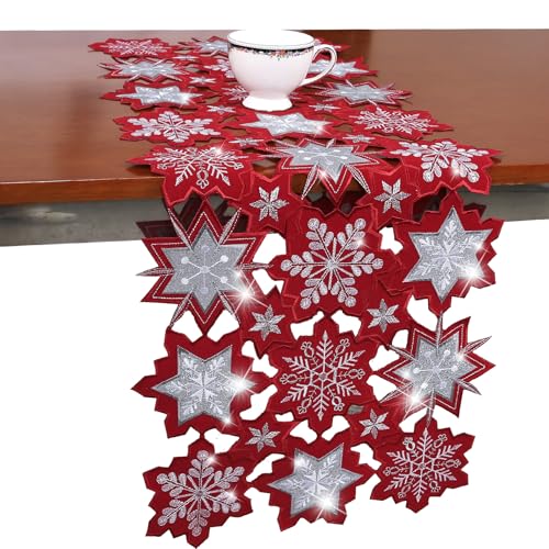 Christmas Table Runner Snowflake Red Table Decorations Embroidered 72 inches Long Sparkle Sequin Silver Glitter Shiny Cutwork Holiday Festive Dining Decor New Year