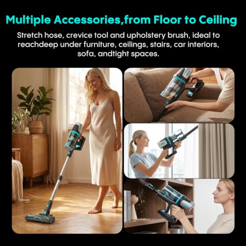Image of Bagotte Cordless Vacuum Cleaner,65KPa 65Mins Stick Vacuum with Self-Standing,Anti-Tangle Touch Screen LED Display, Detachable Battery Pack, Rechargeable Vacuum for Floor /Carpet /Pet Hair