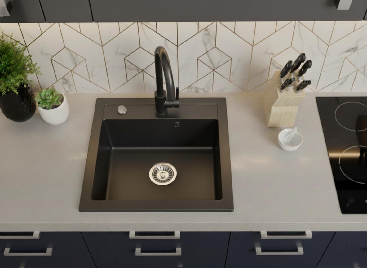 Faizee Home | Spülbecken Granit Schwarz 49x52 cm | Hochwertige Küchenspüle & Einbauspüle | Eckiges Spülbecken | Beidseitig montierbare Granitspüle | Einbaugranitspüle ab 45 cm | Inkl. Siphon-Set