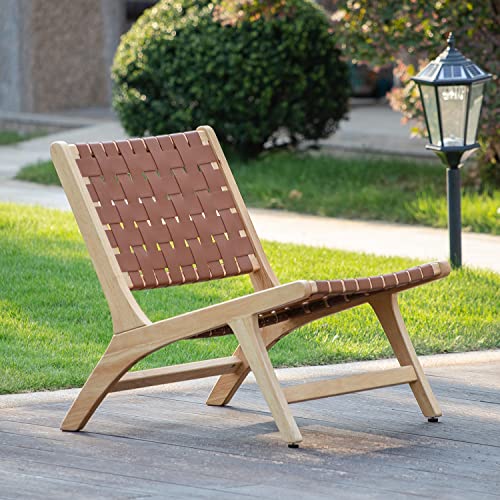 Heugah Accent Chair With High Back, Midcentury Modern , Cognac Woven Leather And Natural Wood Recliner Lounge Chair For Living Room,Bedroom,Patio(Burlywood) #TOP5