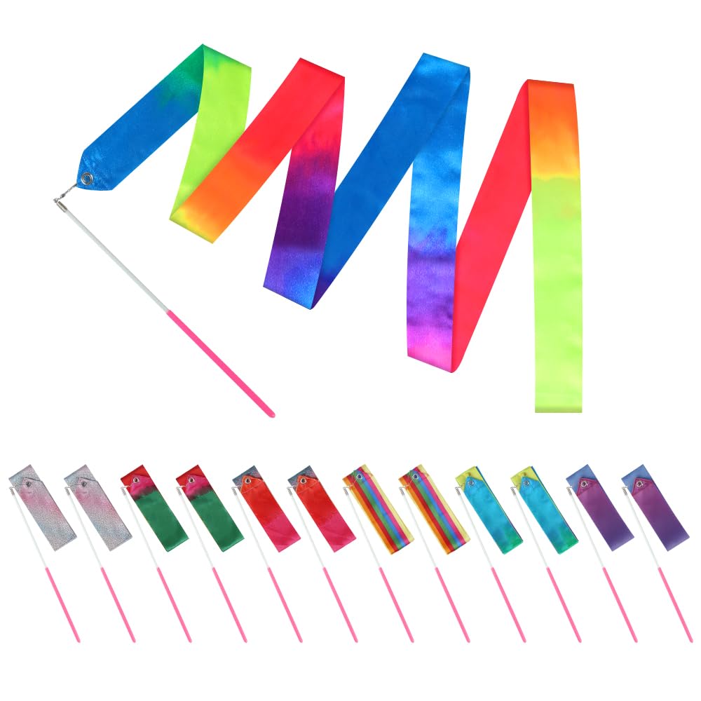 JBMDance Ribbons 12Pack Ribbon Wands 6.6ft Rainbow Gymnastics Ribbon Dance Twirling Sticks Batons Streamers