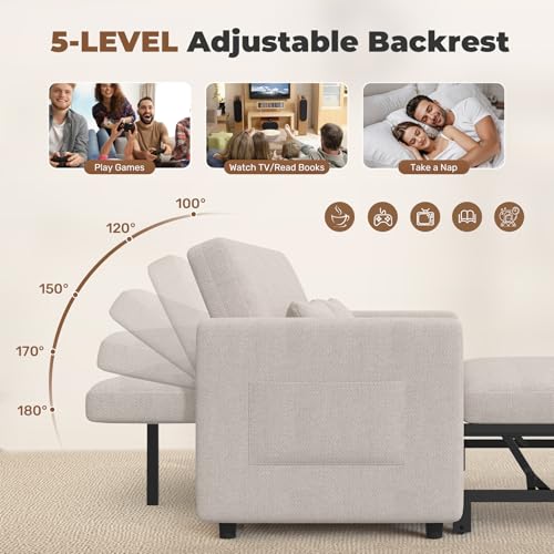 Image of Nebuaegis Sleeper Sofa Bed,3-in-1 Convertible Pull Out Couch with Adjustable Backrest for Living Room,Loveseat Sofa Bed with Side Pockets,Easy Assembly,Beige,1 PCS