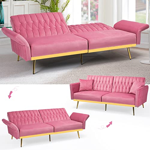 Acmease 70” Velvet Futon Sofa Bed With 2 Pillows And Adjustable Armrests, Convertible Sleeper Bed, Modern Loveseat For Living Room, Bedroom, Pink #TOP1