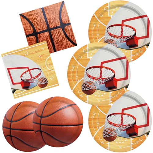 Basketball Party Supplies Kit for 16,- Basketball Party Decorations with Dinner & Dessert Paper Plates and Napkins - for Basketball Birthday & Sports Party Decorations