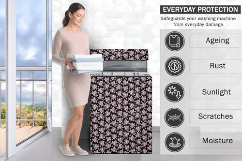 Image of Stylista PVC Washing Machine Cover Compatible for LG 7 KG Fully-Automatic Top Load T70SKSF1Z, Floral Pattern Black Purple