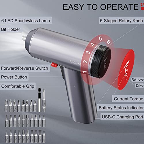 Xigmer 3.6V/4V Power Electric Screwdriver Kit 29Pcs Bits, 6N.m Cordless Screwdriver Set, Rechargeable Battery 2000Mah, All-In-One Design With Screen/6 Torque/6 Led Lights/Usb-C Charging #TOP1