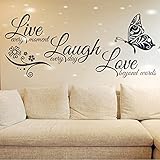 Love Beyond Laugh Every Day Live Every Moment Words Wall Stickers Family Inspirational Wall Stickers Butterfly Family Decal Removable Vinyl Inspirational Words Letters Decorations (Black)