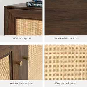 Boho buffet cabinet with storage 2 doors natural rattan accent cabinet farmhouse storage cabinet with adjustable shelves for entryway kitchen living roomwalnut  urban country home decor