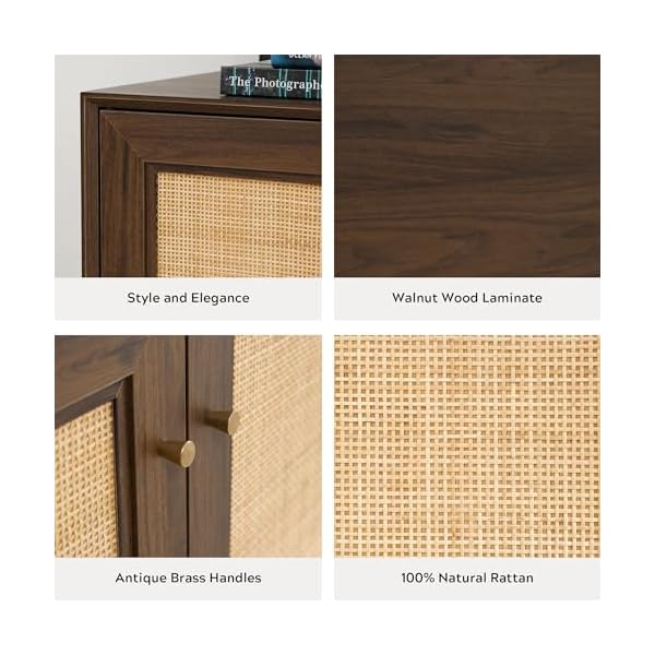 Boho buffet cabinet with storage 2 doors natural rattan accent cabinet farmhouse storage cabinet with adjustable shelves for entryway kitchen living roomwalnut  urban country home decor
