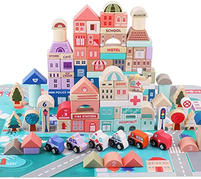 Lewo 115 PCS Wooden Building Blocks with City Map Construction Building Sets City Building Blocks Stacking Blocks Preschool Educational Learning Toys for 3 4 5 6 Years Old Kids Boys Girls Children