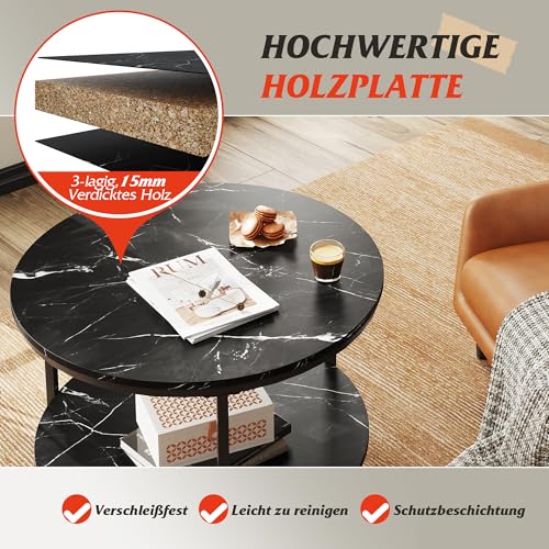 WLIVE Couchtisch Rund, Wohnzimmertisch Holz mit 2 Ebenen, Sofatisch mit viel Stauraum, für Wohnzimmer, Schlafzimmer, Modern Design, Marmor Schwarz – Bild 5