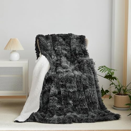 Wajade Couverture en Fausse Cachemire Fourrure en Peluche,Noir Plaid Polaire, Couverture Polaire Fourrure Haute Qualité, Poil Long Douce et Confortable, Plaid Canape 200x220cm