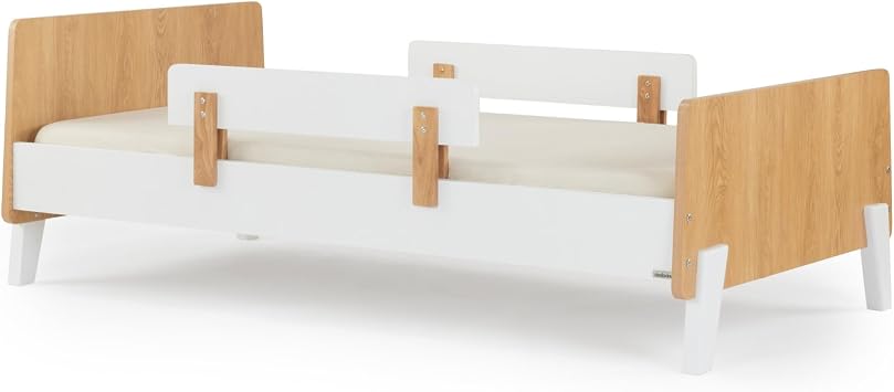 dadada Fun Bed, Twin Bed Frame for Kids, Low Toddler Bed, White/Red Oak | Montessori Low-to-ground design, Wood Headboard, Footboard, 2 Side Rails, Easy Assembly, Baby-Safe Finishes, for Ages 2-11