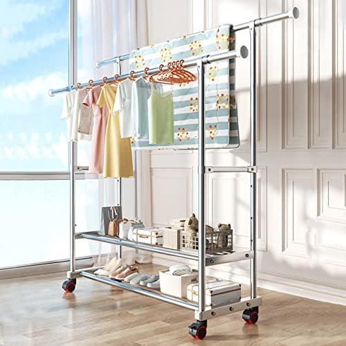 Foldable Clothes Drying Rack Foldable Portable Space Saving Clothes Drying Rack, Movable Drying Rack with 4 Castors, Stainless Steel Laundry Drying Rack, for Laundry, Bathroom, Balcony