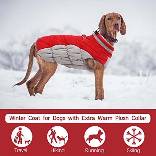 Kuoser Hundejacke Wintermantel für Mittelgroße Hunde - Wasserdichte Winterweste Mit Geschirr - Warme Jacke Hundepullover Haustier Skifahren Kostüm Rot, L