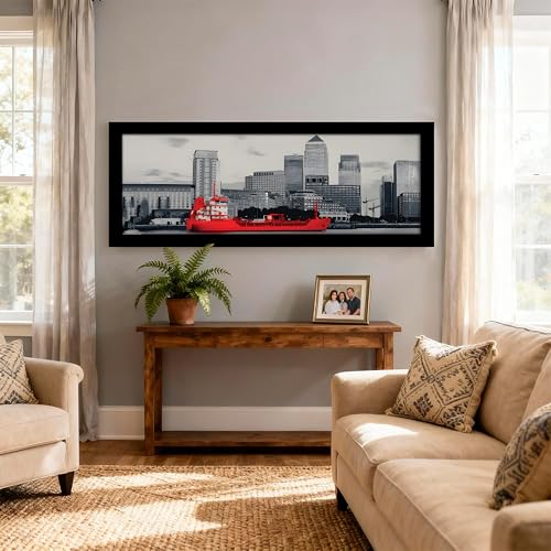 Image of PAINTINGMANTRA London City Sea View with Ship Black and White Wall Art Framed Luxury Paintings for Home Decoration, Living room, Bedroom and Office Decoration (99x38 CM)