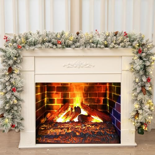Guirlande de Noël de 2,7 m pour cheminée, escaliers, porte d'entrée, avec 50 lumières, guirlandes de Noël avec lumières pommes de pin, baies, couronne...
