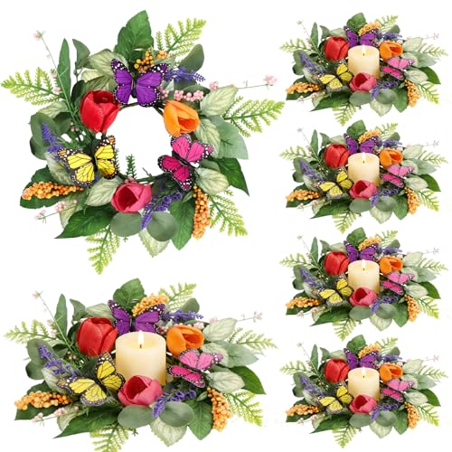 Image of 6 PCS Spring Lavender Tulips Candle Rings Wreaths Artificial Floral Pillar Candle Holder Wreaths with Butterfly Mini Spring Summer Candle Rings for Table Centerpiece Home Farmhouse Cabinet Porch Decor