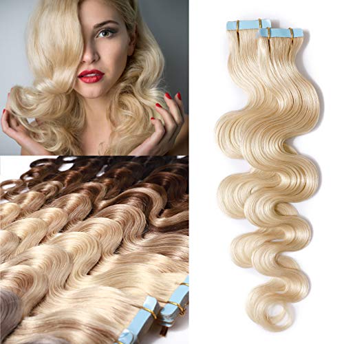 S-noilite 20" Body Wave Human Hair Tape in Extensions 100g 40pcs Invisible Seamless Weft Wavy Tape Extensions Real Hair Double Sided Rooted Remy Human Hair #60 Body Wave-Platinum Blonde