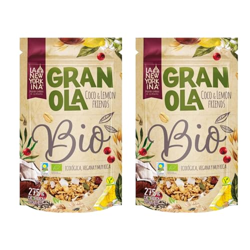 La Newyorkina Granola Coco Lemon Friends 275g Con Coco Rallado, Frutos Secos y Aceite de Oliva Virgen Extra (2 Paquetes)