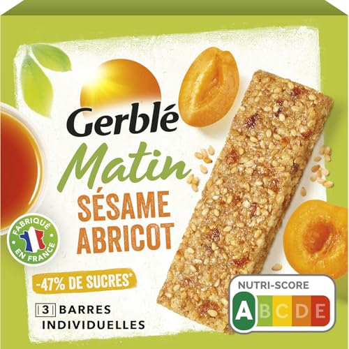 Gerblé Matin Barres Abricot Sésame – Nutri-Score A, Riche en Fibres, Réduites en Sucres – Barres Fruitées pour le Petit-Déjeuner, 120 g