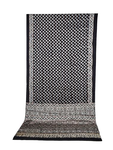 Image of Ethnics of Kutch Womens Ajrakh Modal Silk Natural Dye Hand Block Print Saree with Blouse Piece - 5.5 Mtr Length (Black 27A01L)