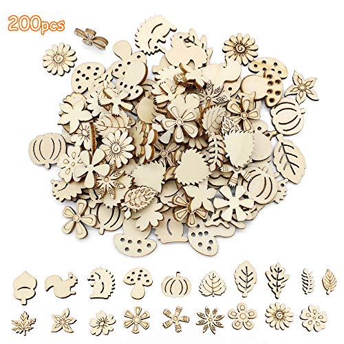 Dylan-EU 200 pièces Tranche en Bois Fleur en Bois Mixte Formes de Feuilles en Bois pour Arbre de Noël Mariage Bricolage Scrapbooking Anniversaire de Mariage...