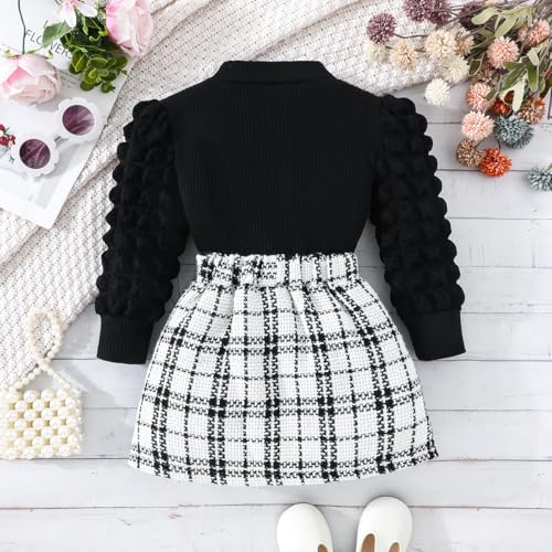 Image of Noubeau Toddler Girls Plaid Outfits Girls Puff Sleeve Knit Ribbed Shirt Tops Plaid Skirt Set Kids Fall Winter Clothes