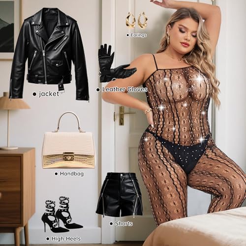 Image of Nimiah Women's Fishnet Sexy Lingerie - Exotic Naughty Bodystockings Plus Size Sparkle Rhinestone Mesh Bodysuit for Nightwear