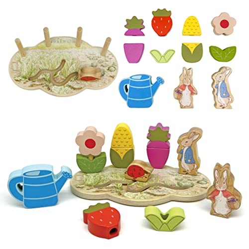 Image of KIDS PREFERRED Peter Rabbit Garden Wooden Activity Stacker with 12 Wooden Interactive Pieces for Babies, Toddlers and Kids Based on The Beatrix Potter Books