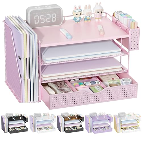 gianotter Wood Desk Organizers and Accessories with File Holder, 4-Tier Desk Accessories & Workspace Organizers with Drawer and Pen Holder, Paper Organizer for Office Supplies (Pink)