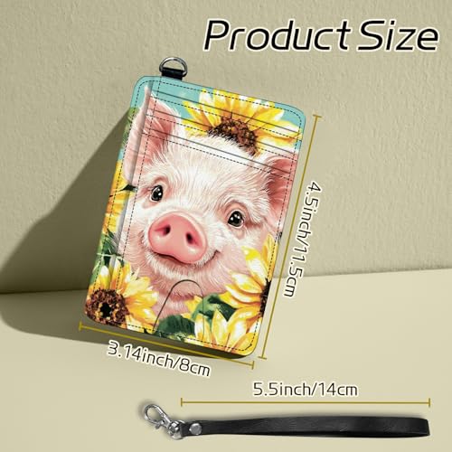 Small Travel Wallets, Pig Sunflowers Slim Minimalist Front Pocket Wallet with Wristlet, RFID Blocking PU Leather Credit Card Holder with ID Window Change Purse for Men Women2