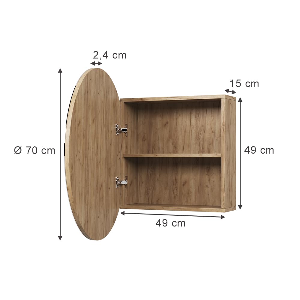 Vicco Specchio contenitore bagno Loki, Rovere dorato, 70 x 70 cm con 2 scomparti, per montaggio a parete con specchio e ripiano