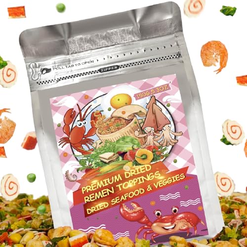 5.29oz Dried Seafood & Vegetable Ramen Toppings - 11 Natural Mixed Dehydrated Vegetables Freeze-Dried Seafood for Ramen Noodles, Soups, Cooking, Emergency Supply, Freeze-Dried Tofu Skin, Shrimp