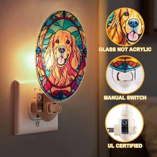 Image of Dog Night Light Golden Retriever, Stained Glass Styled Plug-in Wall Nightlight, Bulb Included, Pet Memorial Dog Lover Gift, Bedroom Hallway Bathroom Decor, Manual On /Off Switch
