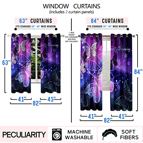 Butterfly Window Curtain Panels Purple Blackout Girls Curtains for Bedroom 2 Panels Curtains 84 inch Length for Girls Bedroom Nursery Room Grommet Top Thermal Insulated Curtains, 82" x 84"