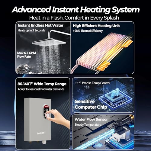 Fogatti 27kW Tankless Water Heater Electric, Up to 6.7 GPM Flow Rate, 240V on Demand Instant Hot Water Heater, ETL Certified, Endless Hot Water Supply for Residential Whole House Shower - Image 3