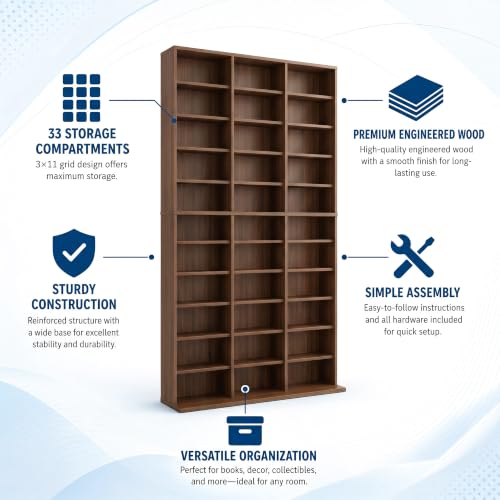 Image of Garvee 11 Tier Tall CD Display Cabinet, 33-Compartment Media Tower, Walnut | Adjustable Shelves, Anti-Tip Kit, Tall Wooden Freestanding Media Display Shelf Tower for CD, DVD, Manga, Movies, Games, Book