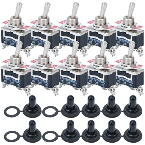 10 interruttori a levetta in metallo, 15 A, 250 V, 20 A, 125 V, SPST a 2 poli on/off, SPDT a 3 poli on/off, un interruttore a bilanciere ad alte prestazioni con tappo di protezione impermeabile (1122