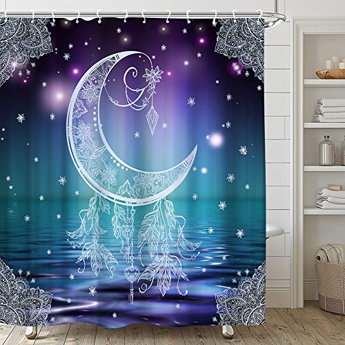 Moon Shower Curtain Set Starry Sky Dream Catcher Feather Meditation Pond Abstract Mandala Pattern Bohemian Vintage Flowers Romantic Chic Hippie Girl Bathroom Fabric Bathtub Decor With Hooks #TOP1