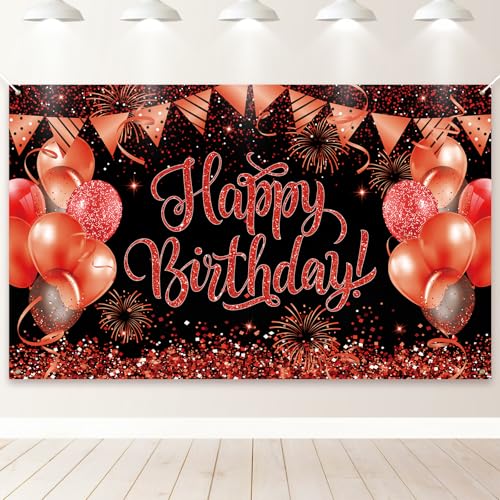 PartyYaa Striscione con scritta Happy Birthday, decorazione per sfondo di compleanno, extra large, per feste e cabine fotografiche, per uomini e donne (rosso nero)